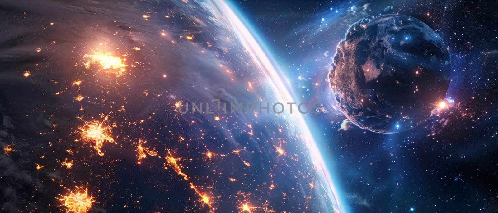 A breathtaking view of Earth from space, surrounded by a colorful nebula and floating asteroids