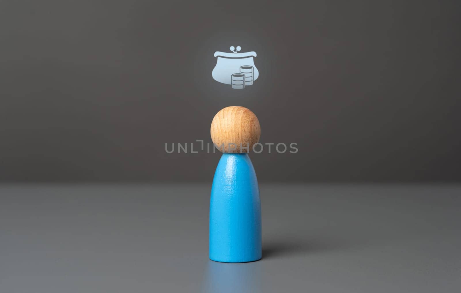 A figurine of a man with a savings wallet icon above his head. Wealth and prosperity. Savings and capital. Purchasing power. Investments. Financial literacy