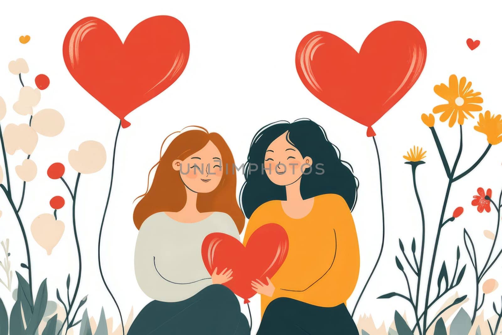 Two women in love holding a heart in their hands. Valentine's day.