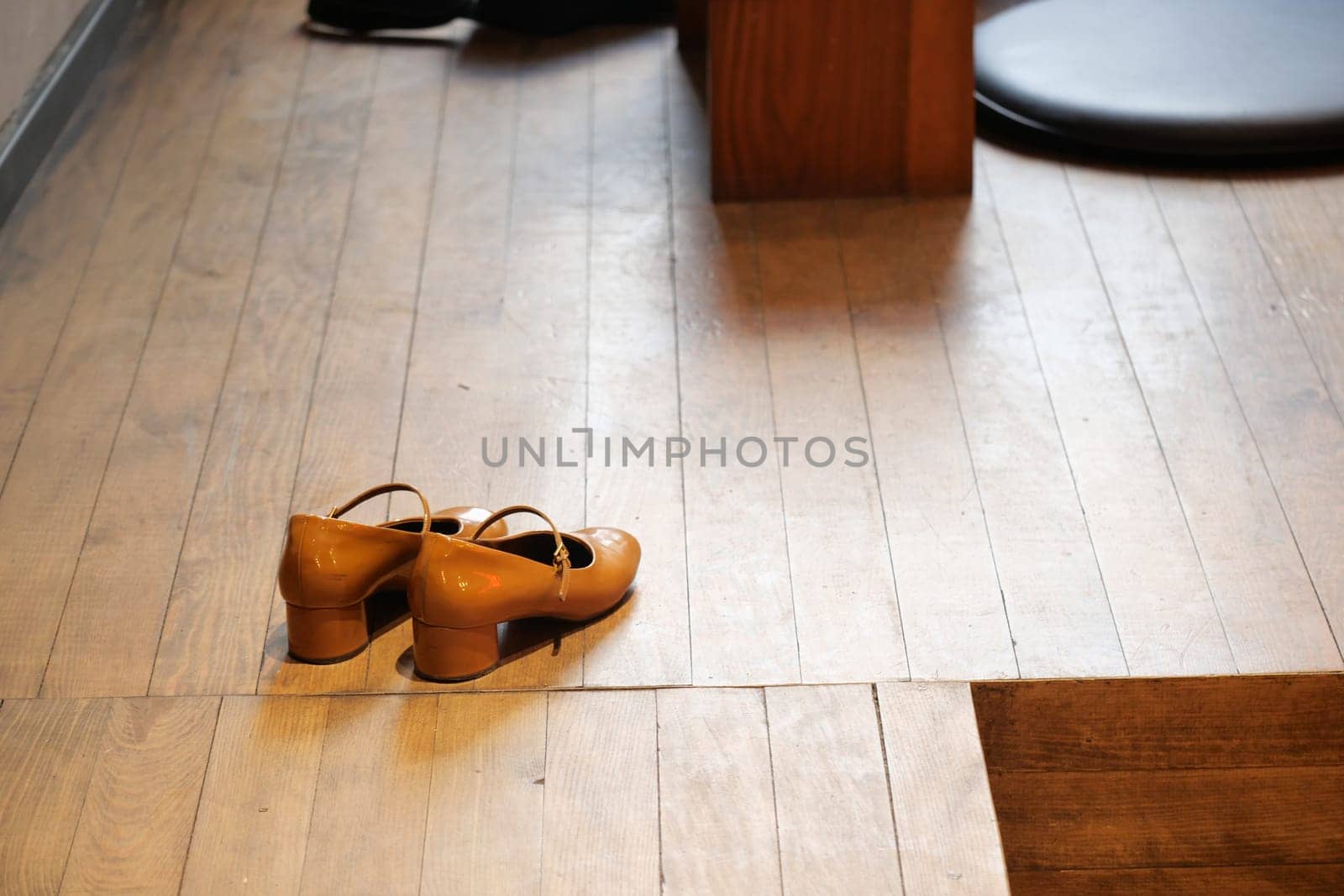 A pair of stylish brown shoes carefully arranged on a beautifully polished wooden floor