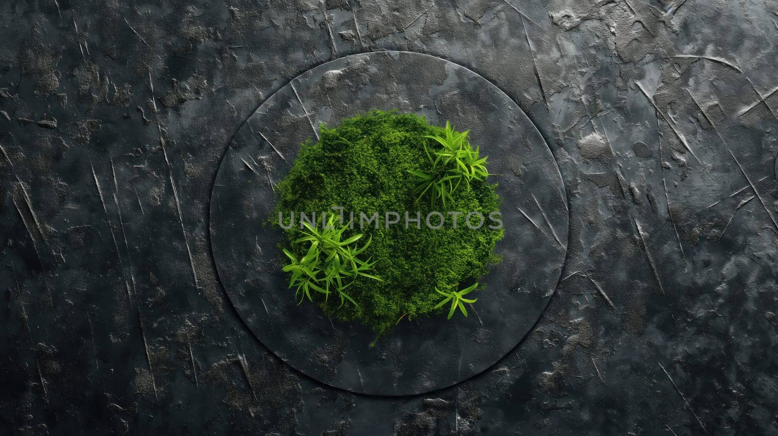 Dark grey grunge concrete wall and green grass. Generative AI image