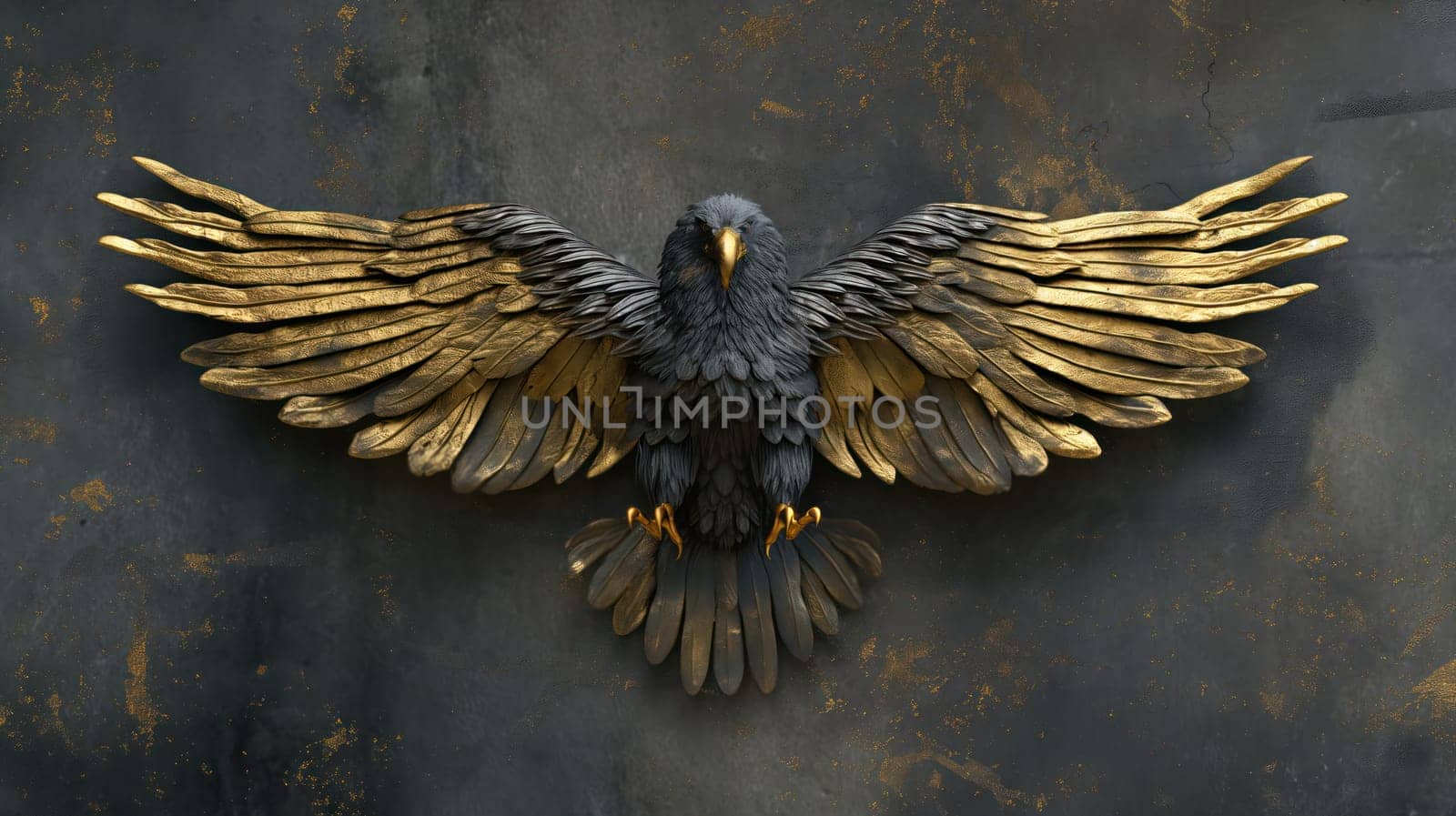 Black and golden eagle on grunge wall background. Generative AI image
