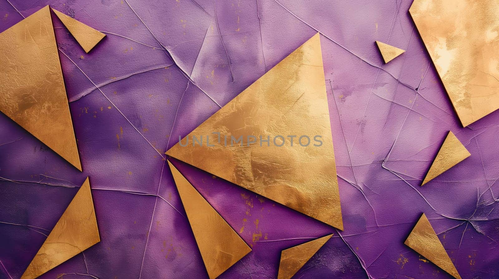 Violet grunge texture and golden triangles abstract geometric background. Generative AI design