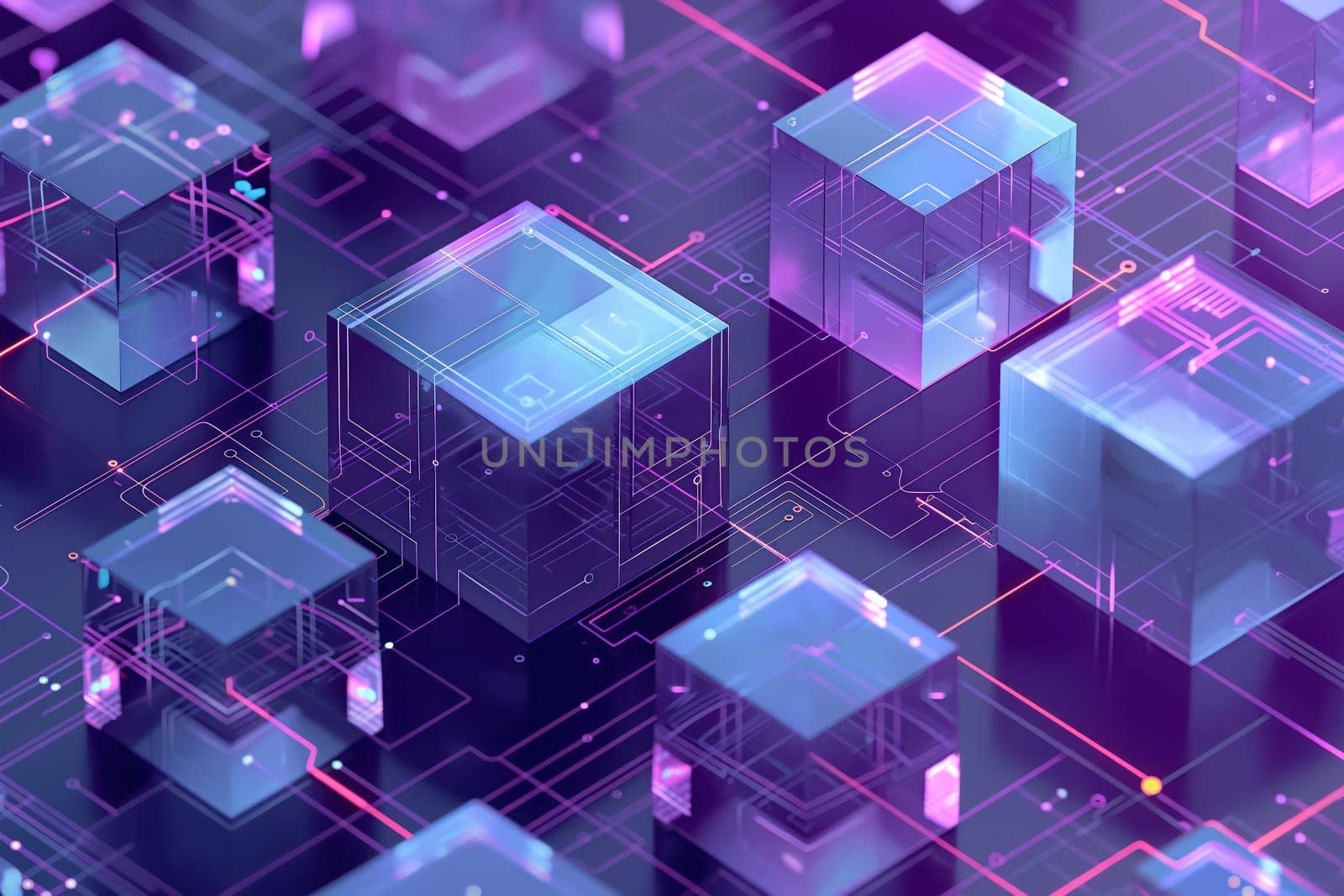 Glowing blue purple neon circuit board chip tech background with glass cubes. Generative AI design