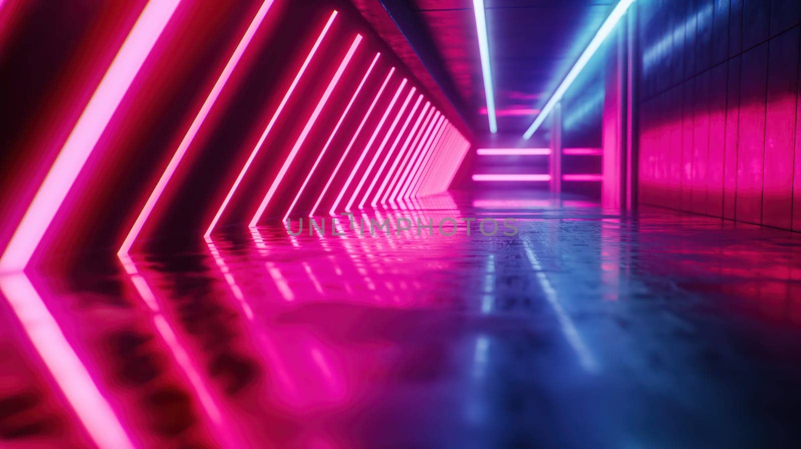 Abstract tunnel with neon laser lines. Generative AI design