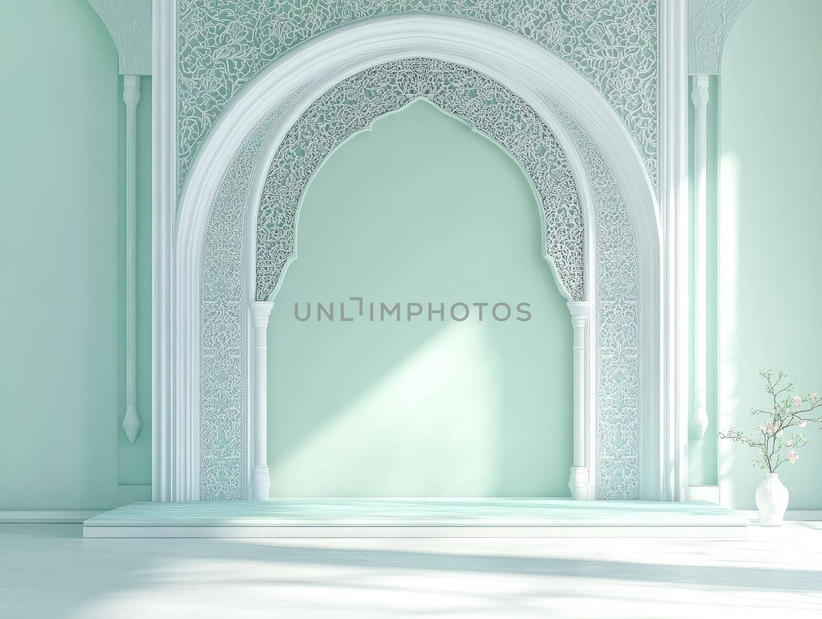 Elegant traditional Moroccan arch with intricate patterns in minimalist white interior design.