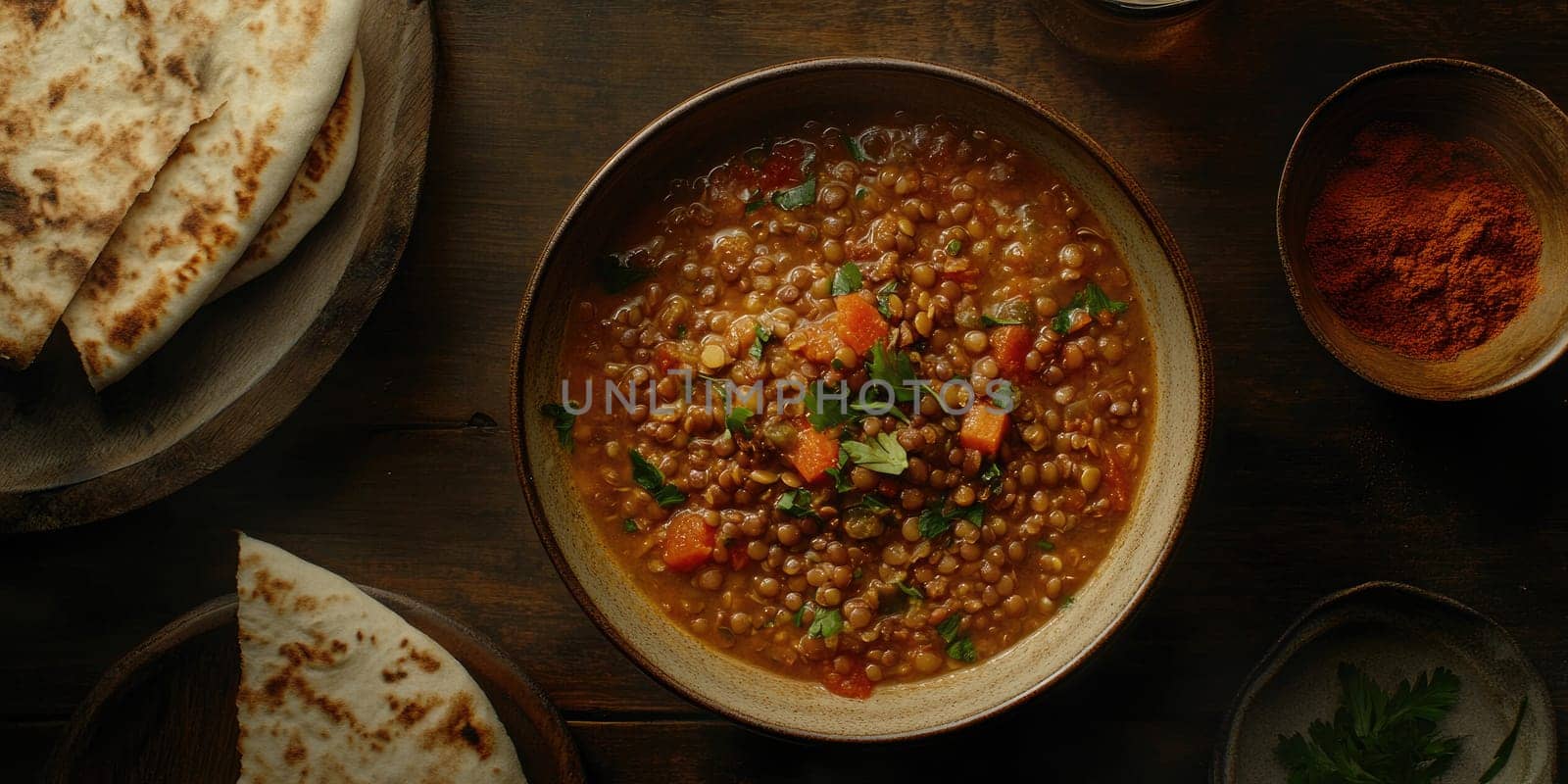 Delicious lentil soup with naan bread on a rustic wooden table. Perfect for cozy fall dinners.