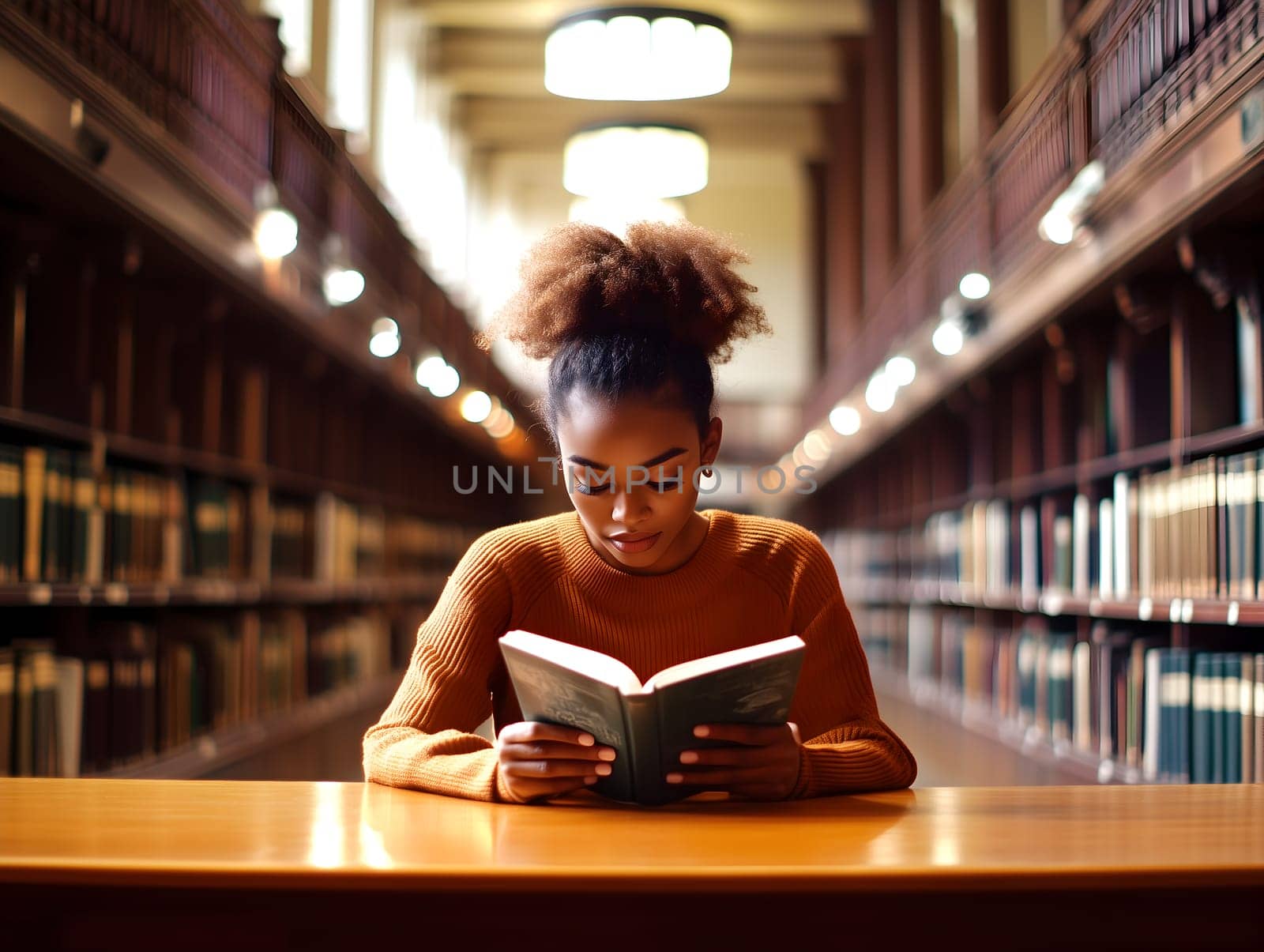 A young woman sits at a wooden table, deeply engrossed in a book inside a grand library. The warm lighting and rows of bookshelves create an atmosphere of knowledge, learning, and concentration.