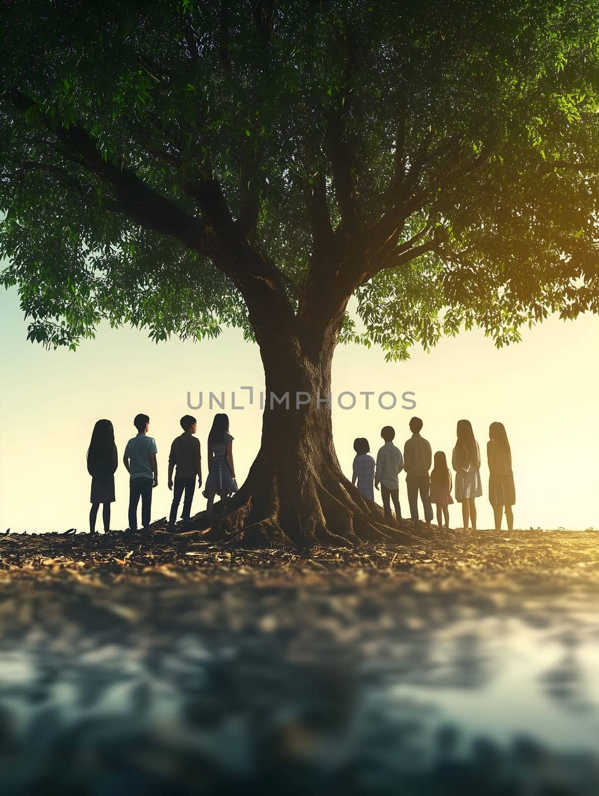 A group of people stands in silhouette beneath a large tree, bathed in warm sunlight. The image symbolizes unity, family, connection, growth, and the passage of time in a peaceful natural setting.