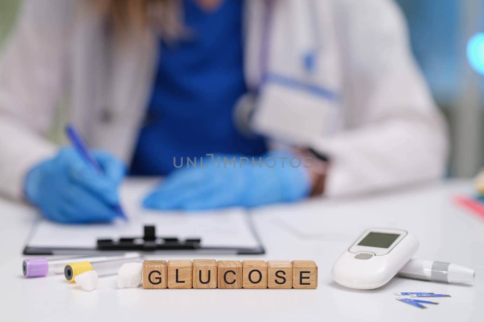 A skilled healthcare professional is conducting glucose testing and thorough monitoring of patient health