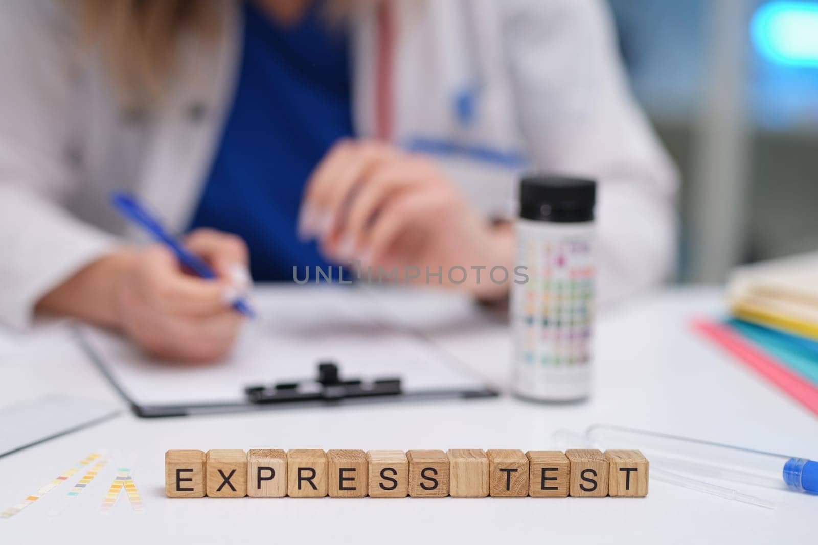 A healthcare professional prepares for a diagnostic test, showcasing necessary lab materials and key documentation