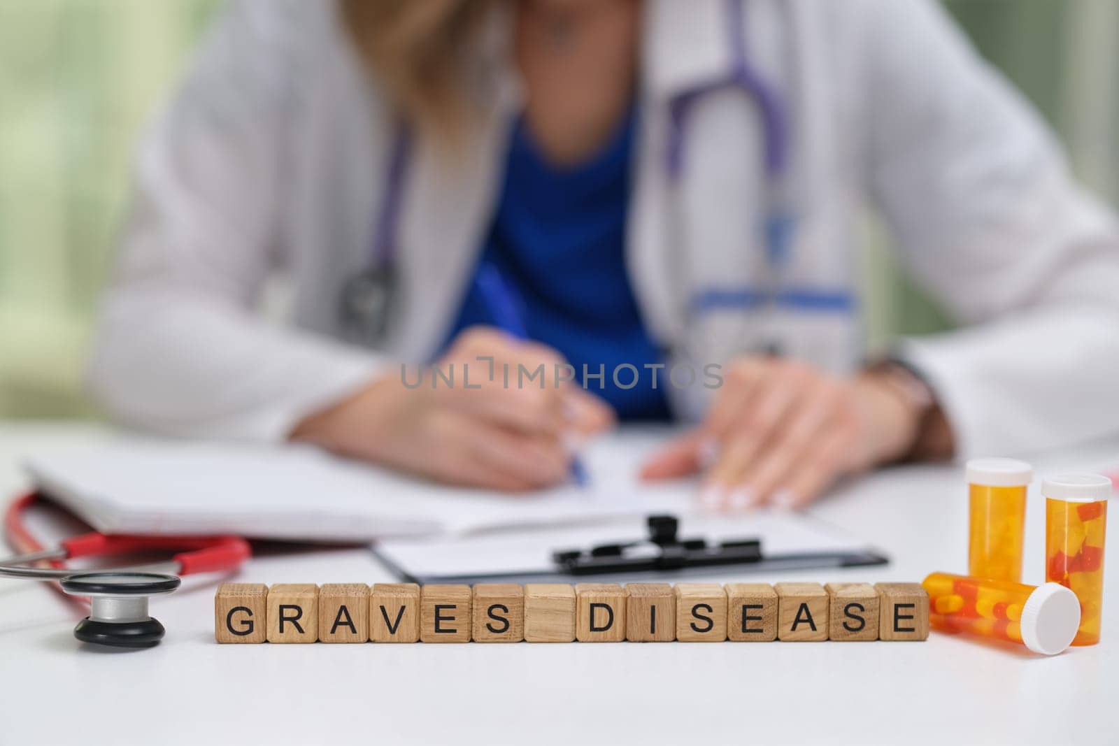 A knowledgeable healthcare professional discusses Graves disease while several medications are on the table