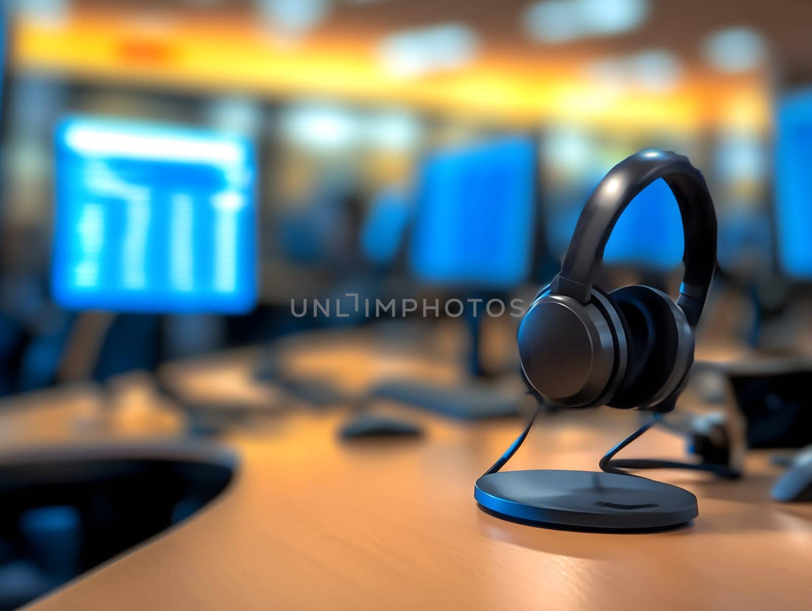 A sleek headset rests on a desk in a modern call center, with multiple computer screens in the background. The image represents customer service, communication, technology, and professional support.