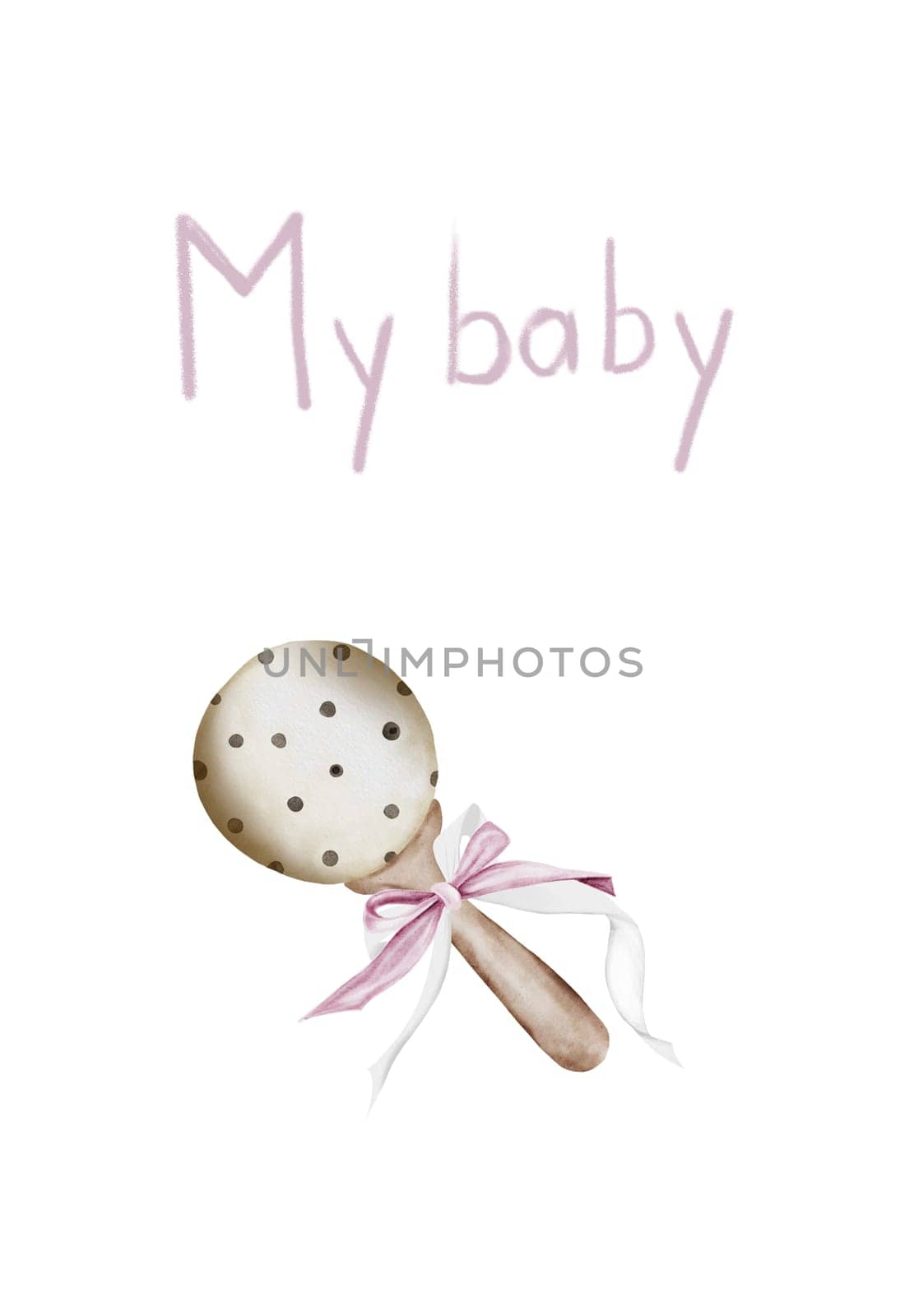 Baby rattle toy watercolor card. Isolated clip art on a white background wooden accessory with a bow. For cards, tags and invitations to baby shower and birth. High quality photo