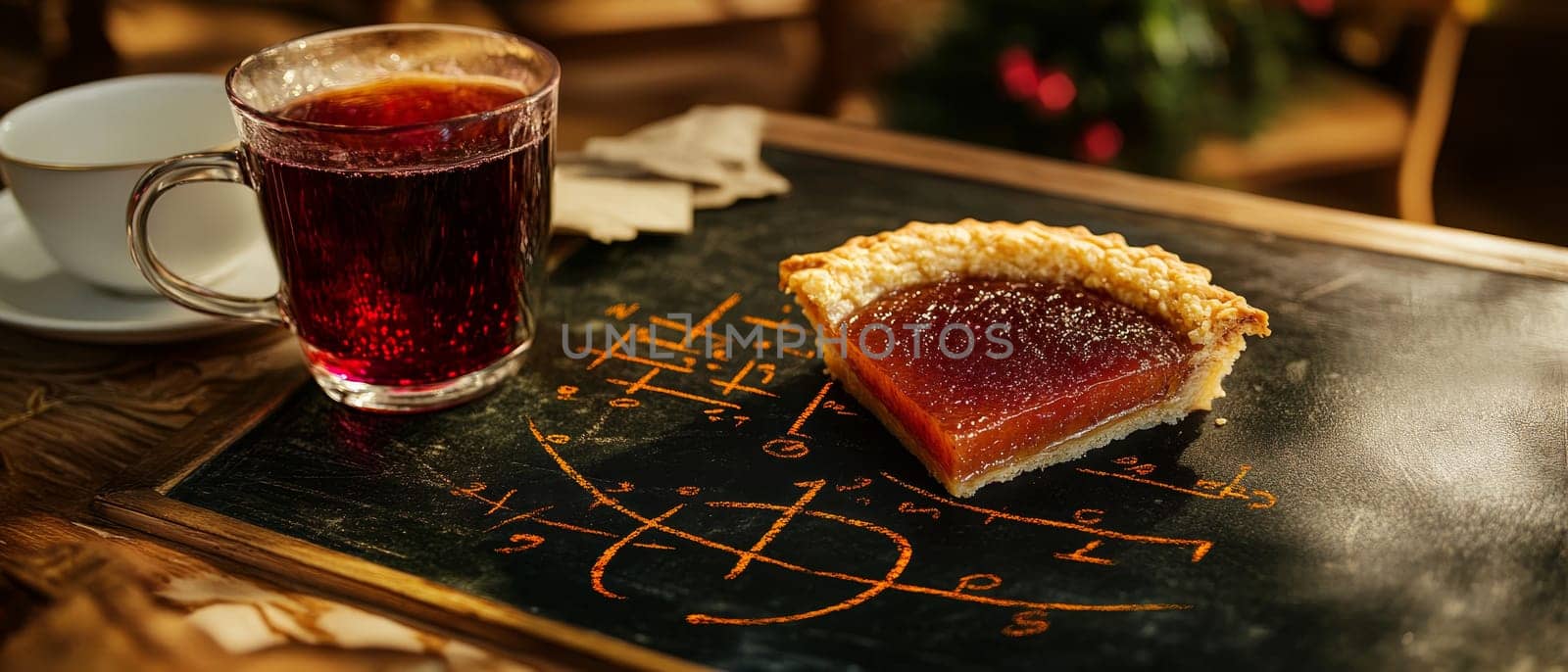A slice of fruit tart sits on a dark surface next to a mug of dark red beverage, mysterious symbols drawn nearby.