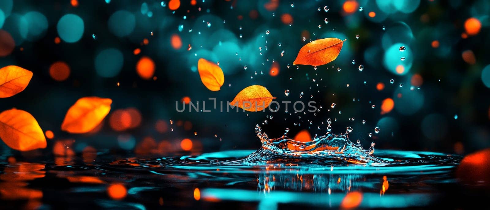 Autumn leaves fall into a tranquil pool of water, creating a mesmerizing splash.