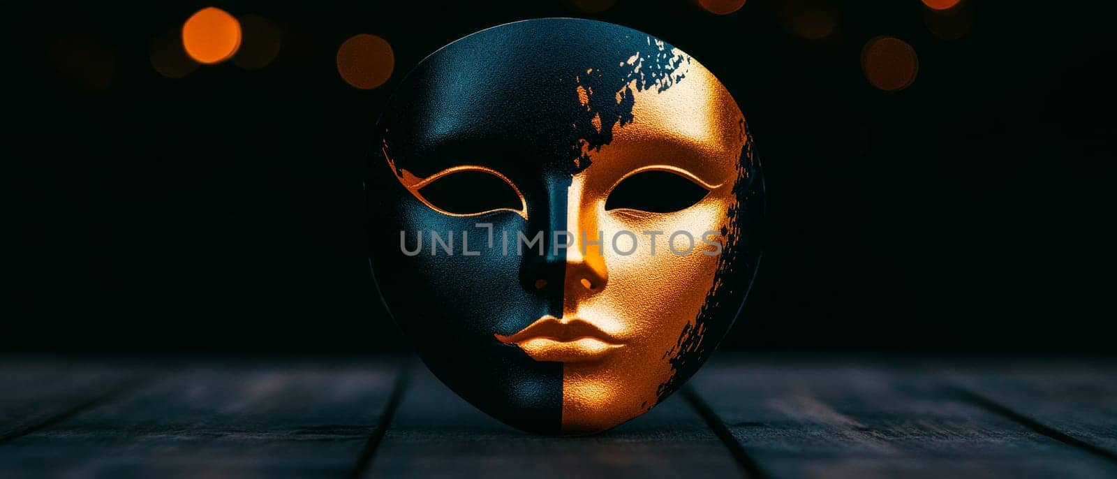 Dual-toned mask on wooden surface with bokeh background. Concept for World Theatre Day.