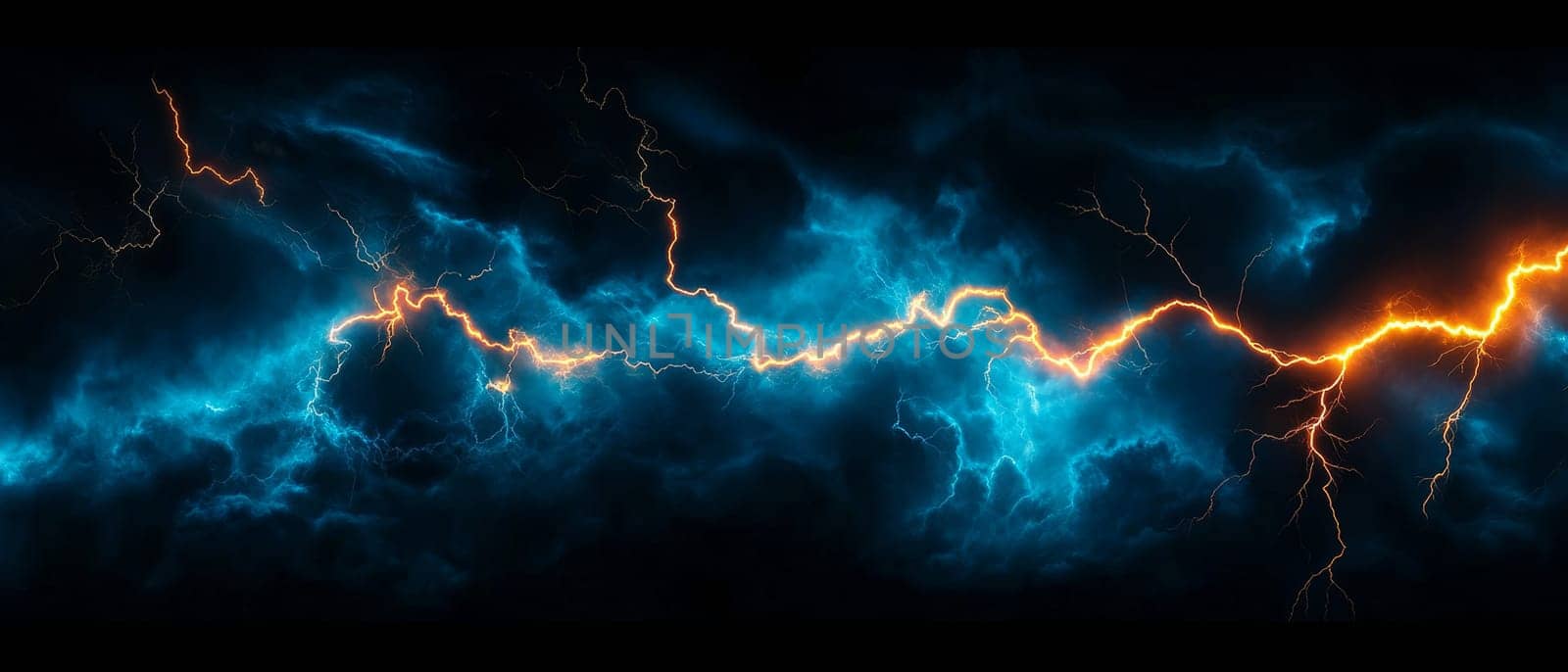 Fiery orange and electric blue lightning strikes illuminate a dark, stormy sky.