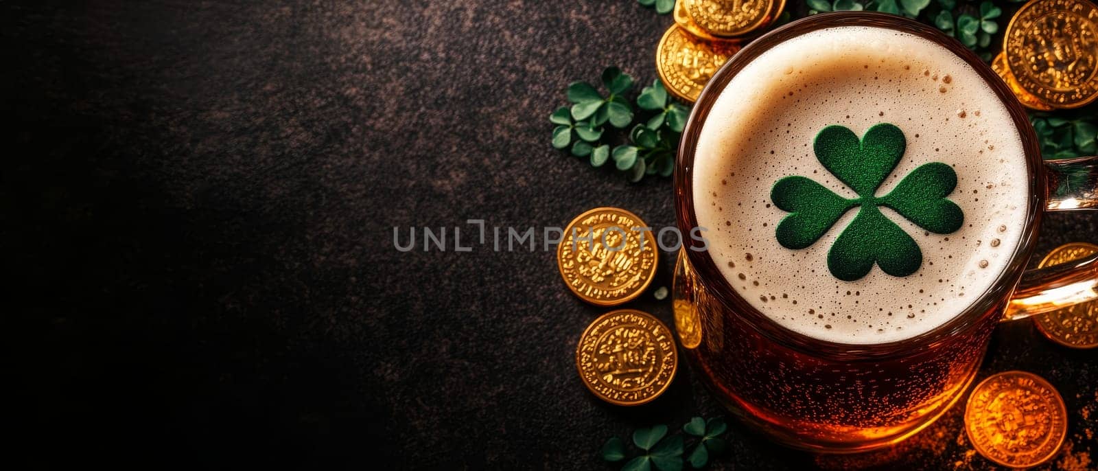 Beer mug with shamrock design surrounded by gold coins and clover leaves.