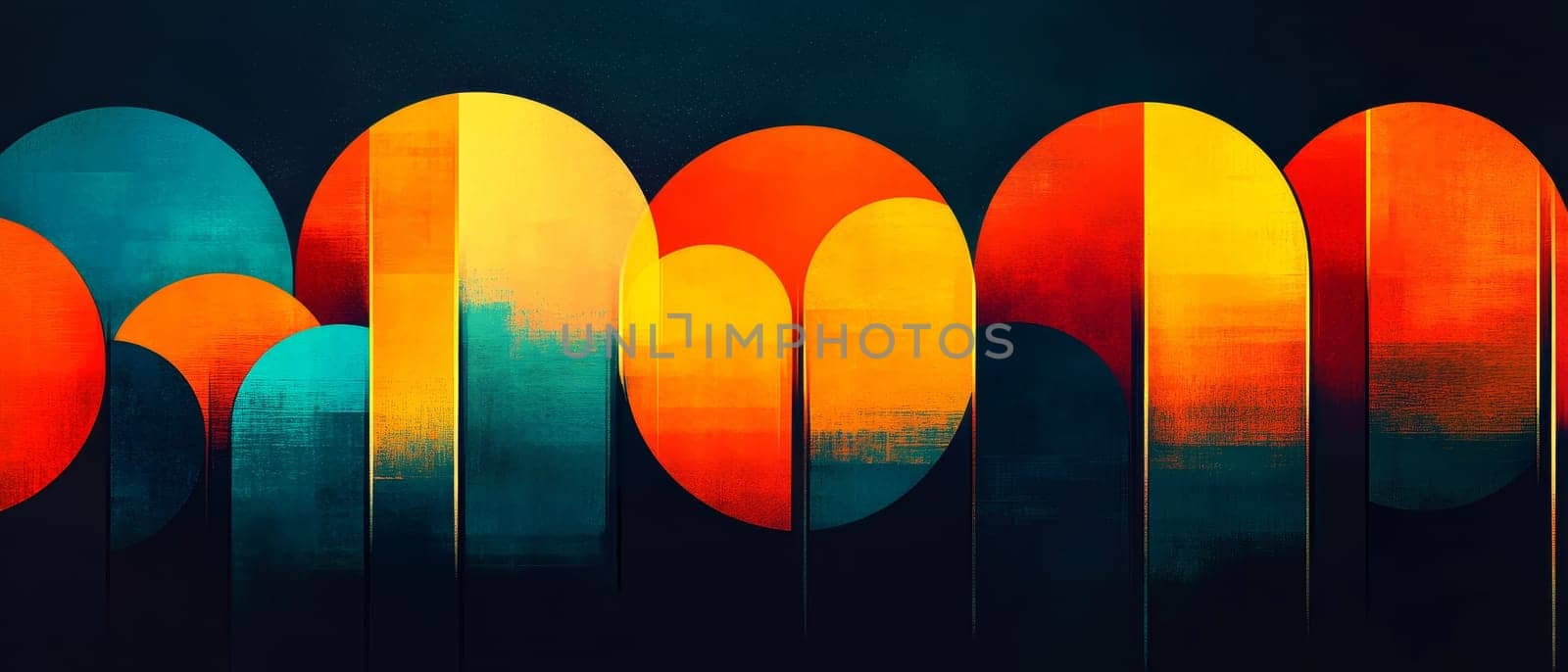 Vibrant abstract design with colorful geometric shapes and textured patterns.
