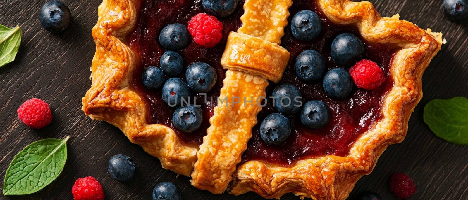 A delectable berry tart with a flaky crust, adorned with juicy blueberries and raspberries, sits on a dark wooden surface.