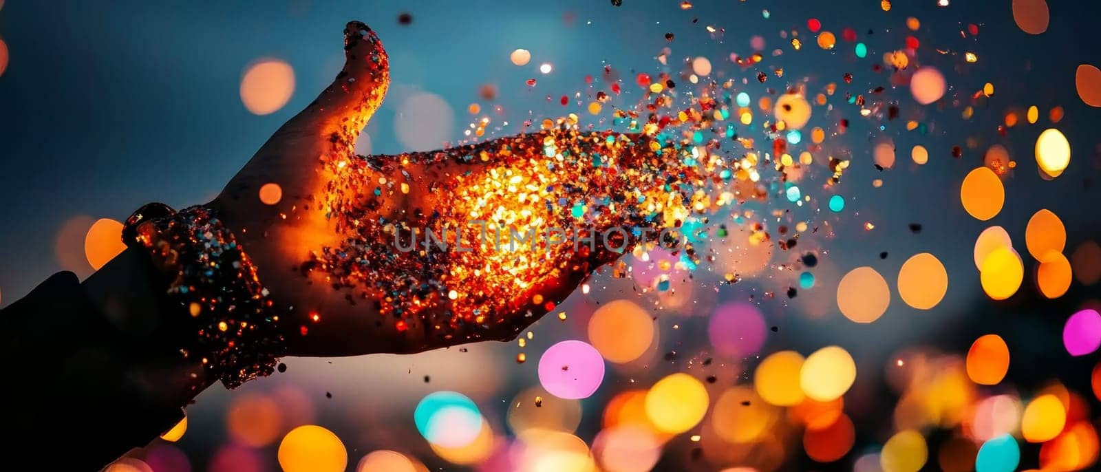 A young adult's hand, adorned with glittering bracelets, releases shimmering particles against a backdrop of colorful bokeh lights.