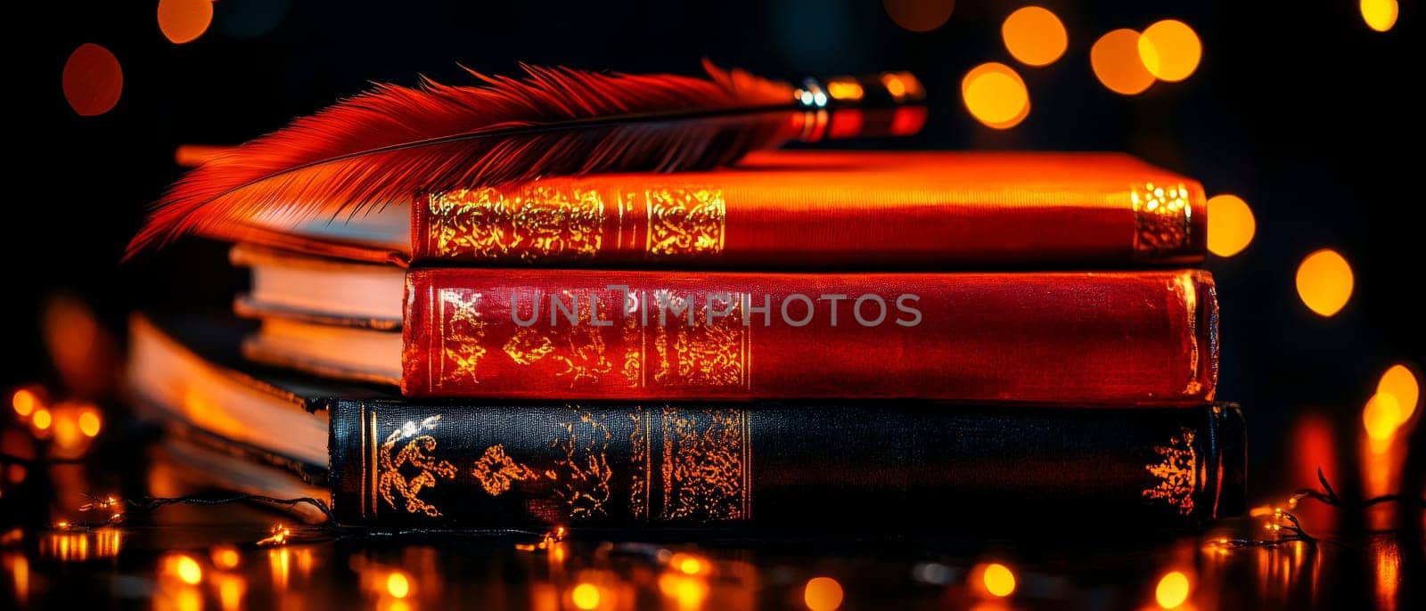 A stack of antique books with gold detailing is illuminated by warm light, with a quill pen resting atop, creating a nostalgic, literary scene.