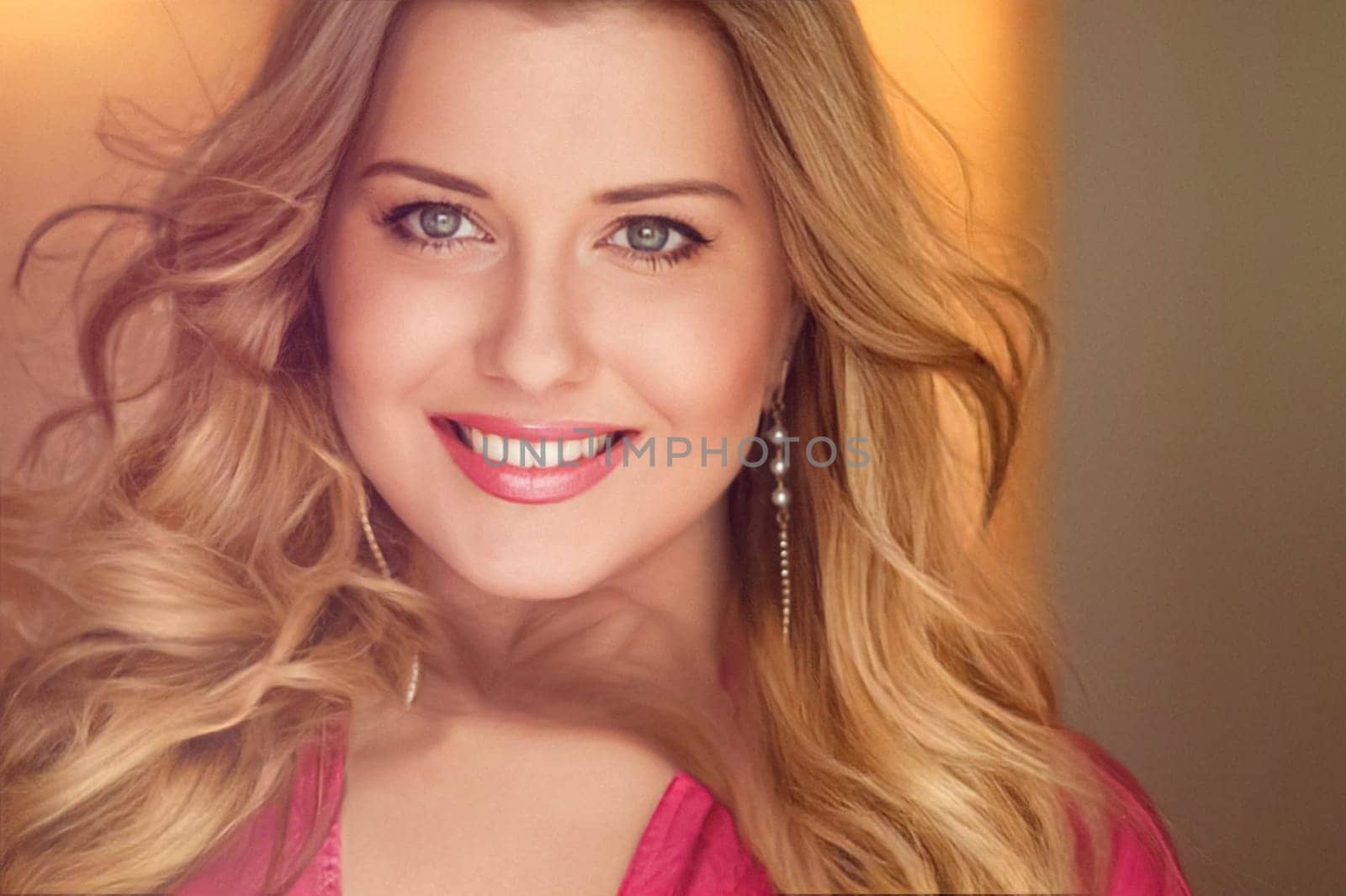 Woman with blue eyes and long, voluminous blonde hair styled in soft curls, wearing pink dress and elegant earrings, dreamy and feminine look idea