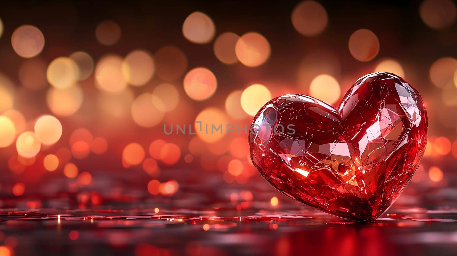 A glittering red heart stands against a dreamy bokeh background with warm lights. The image symbolizes love, romance, passion, and the beauty of Valentine's Day celebrations.