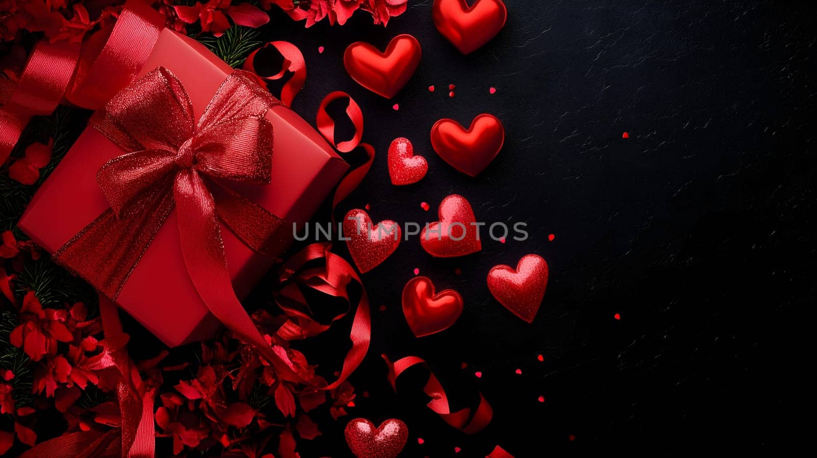 A beautifully wrapped red gift box with a shimmering ribbon surrounded by sparkling hearts and rose petals on a dark background. The image symbolizes love, romance, and Valentine's Day celebration.