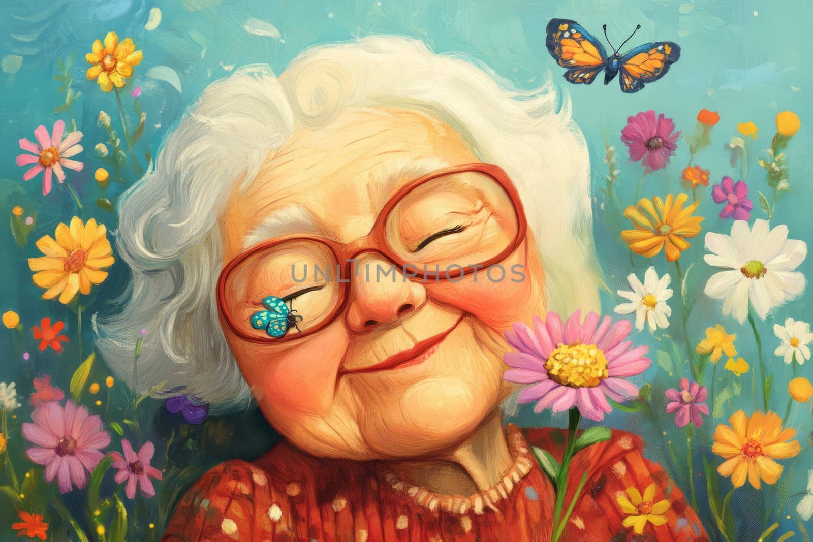 Gray-haired grandmother in a field of flowers Grandmothers' Day Women's day