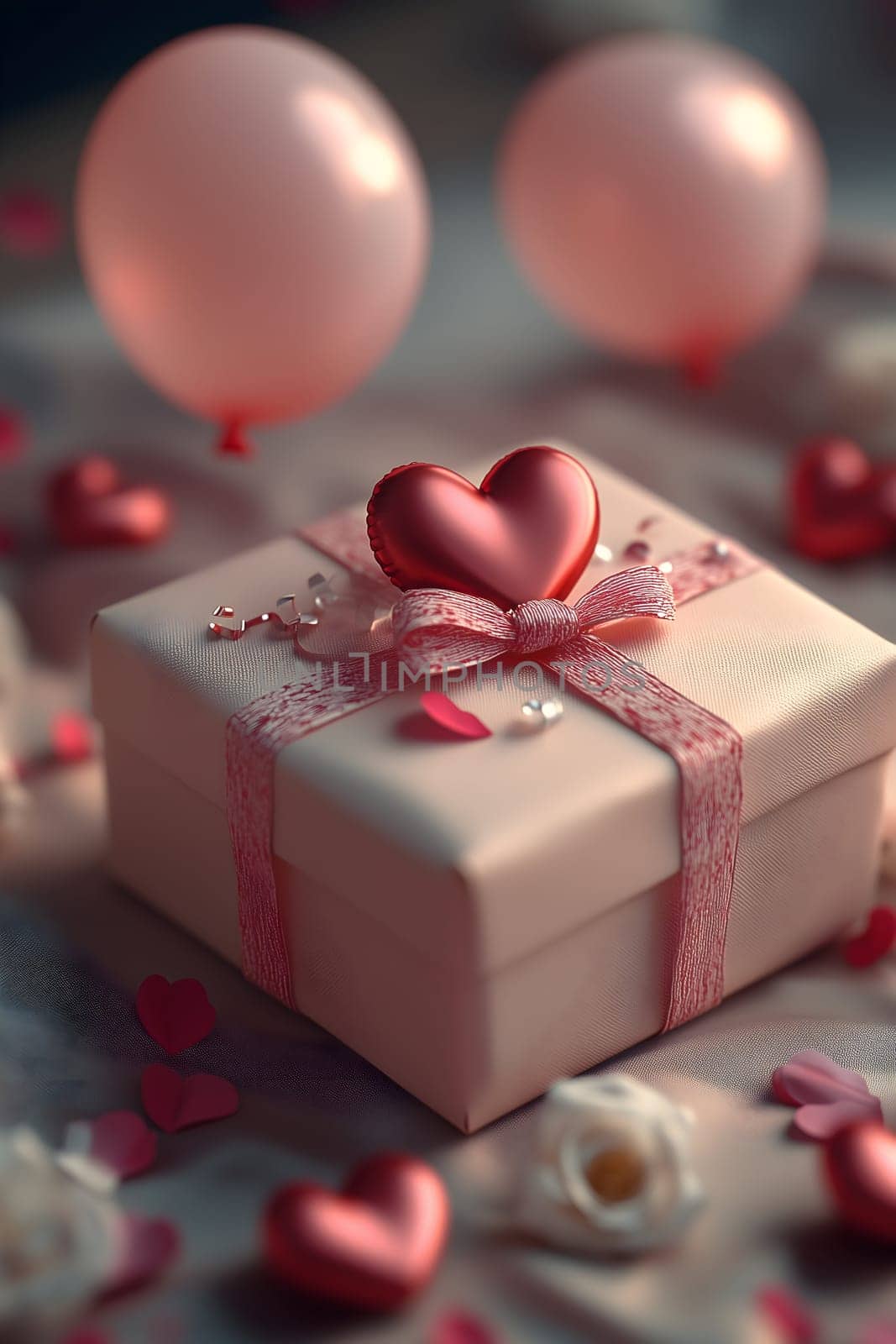 A beautifully wrapped Valentine's Day gift box with ribbon, topped with shiny heart decorations, surrounded by rose petals and soft pink balloons. The image symbolizes love, romance, and celebration.