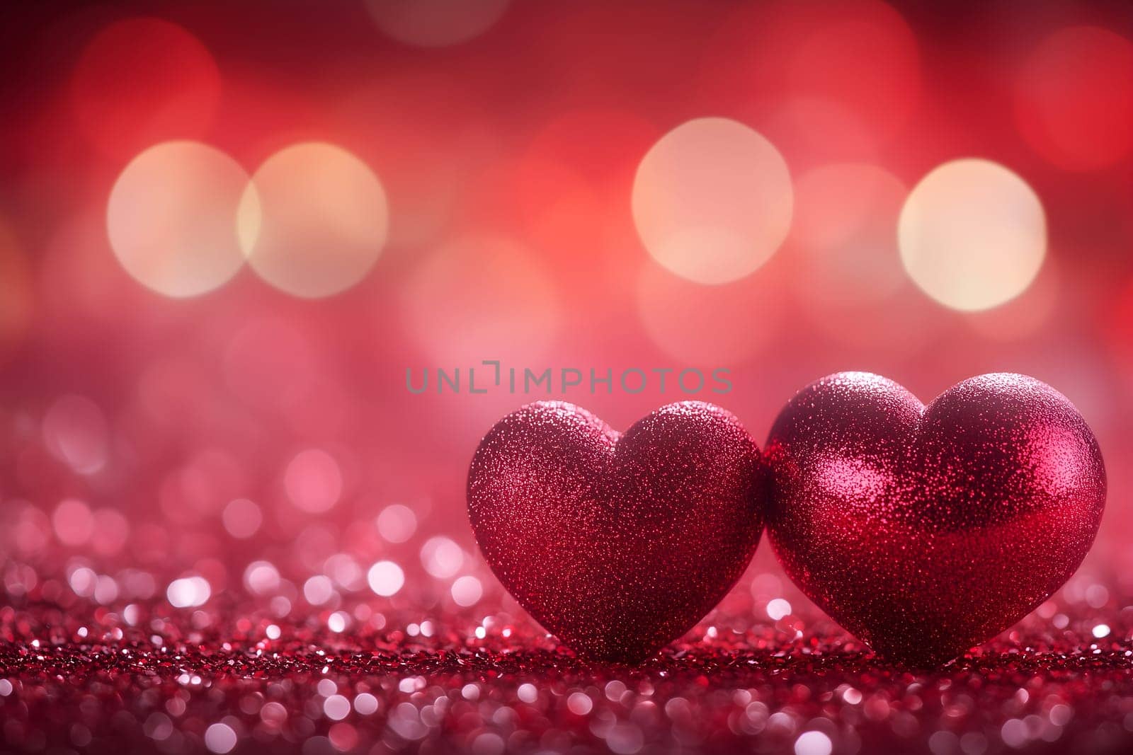 Two sparkling red hearts sit on a glittery surface with a dreamy bokeh background. The image symbolizes love, romance, and togetherness, perfect for Valentine's Day or romantic celebrations.