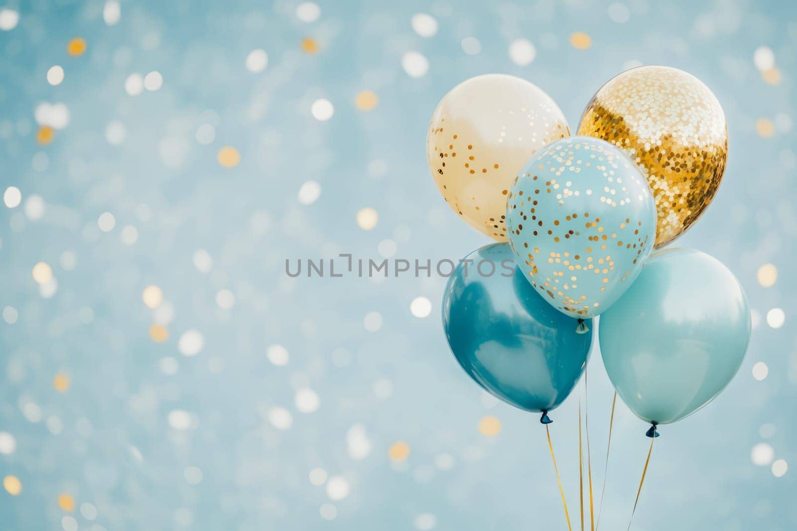 Inflatable blue gold balloons on a blue watercolor background