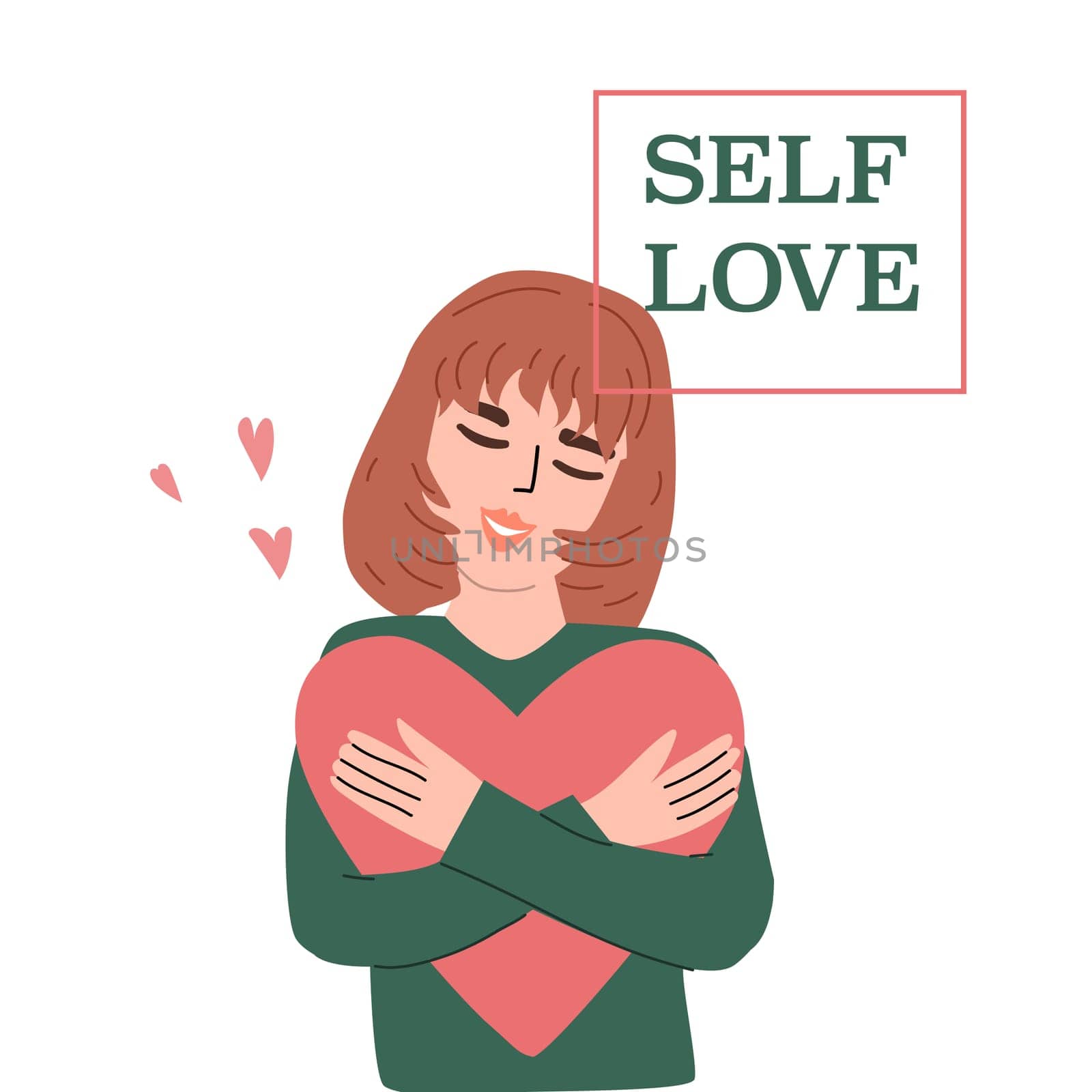 Embracing self love concept with woman hugging heart for wellness design.