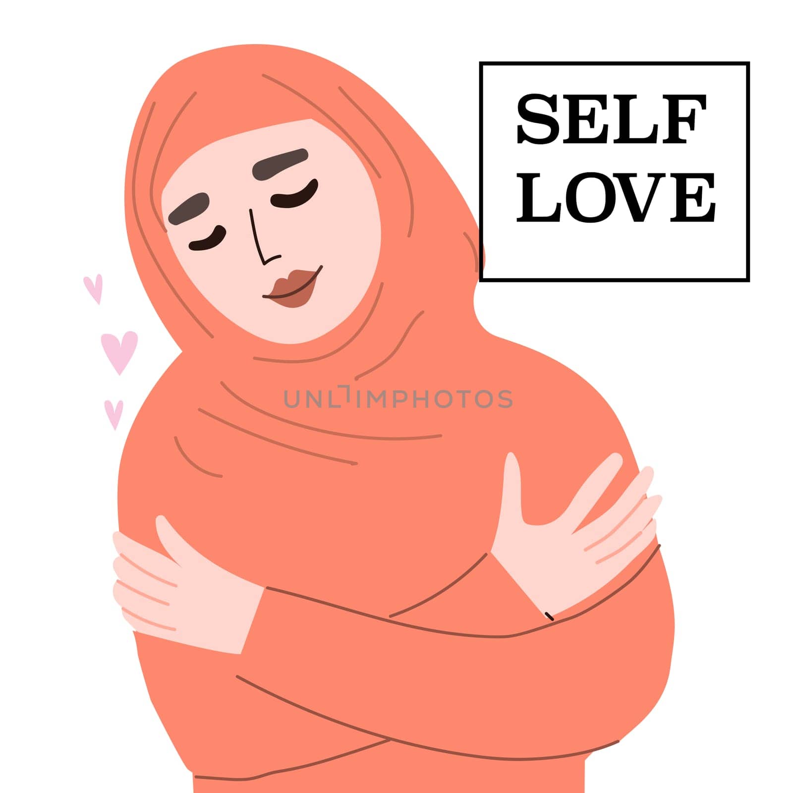 Embracing self love: woman in warm tones with heart accents.