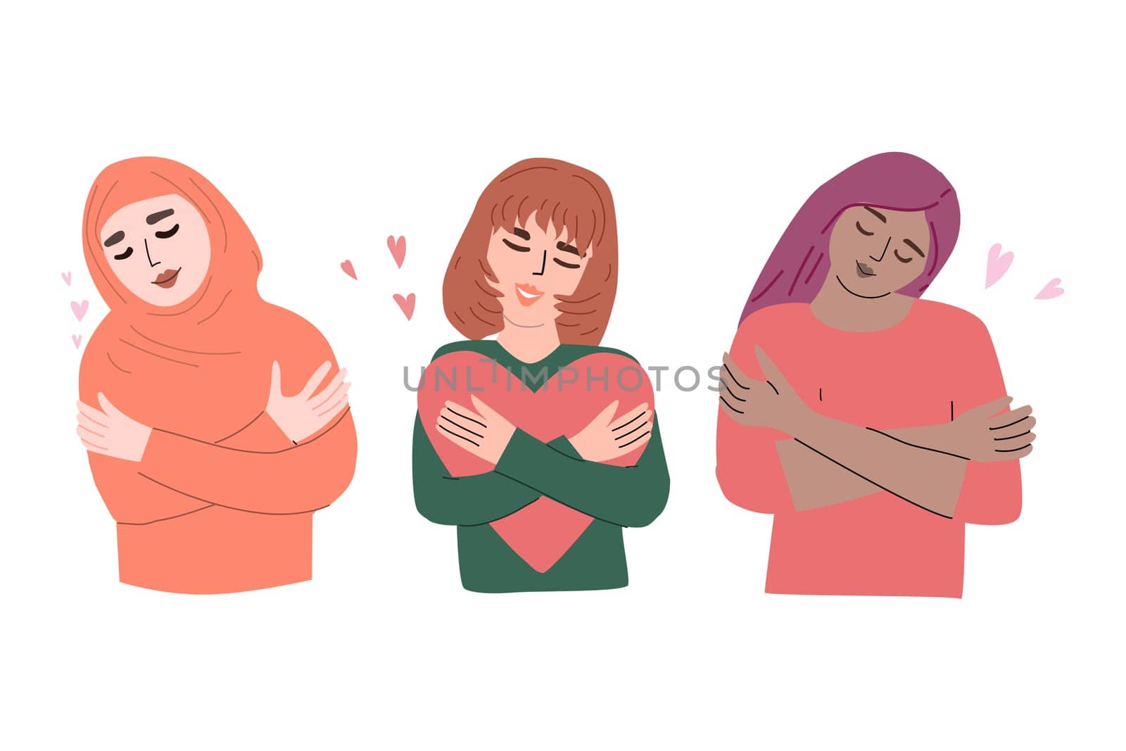 Embracing self love and diversity in women involving heart-filled hugs.