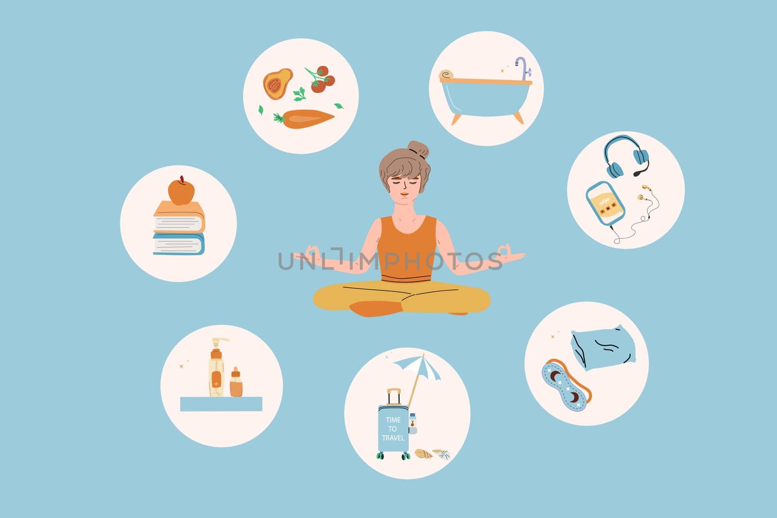 Self care and relaxation illustration featuring meditation and mindfulness activities for women.