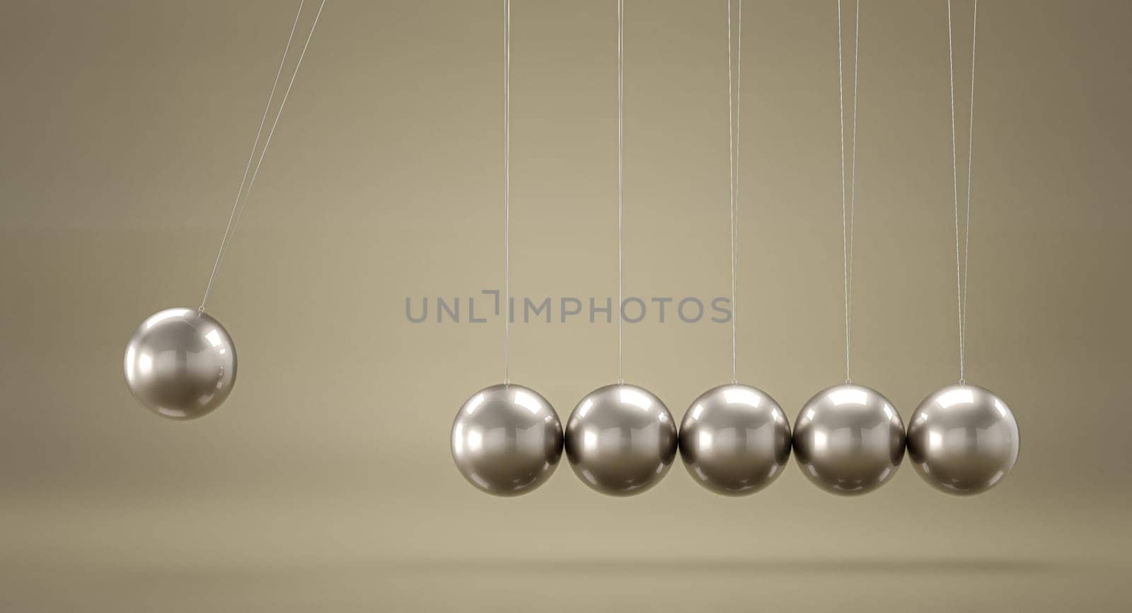 Newton's cradle showing cause and effect chain reaction 3d background