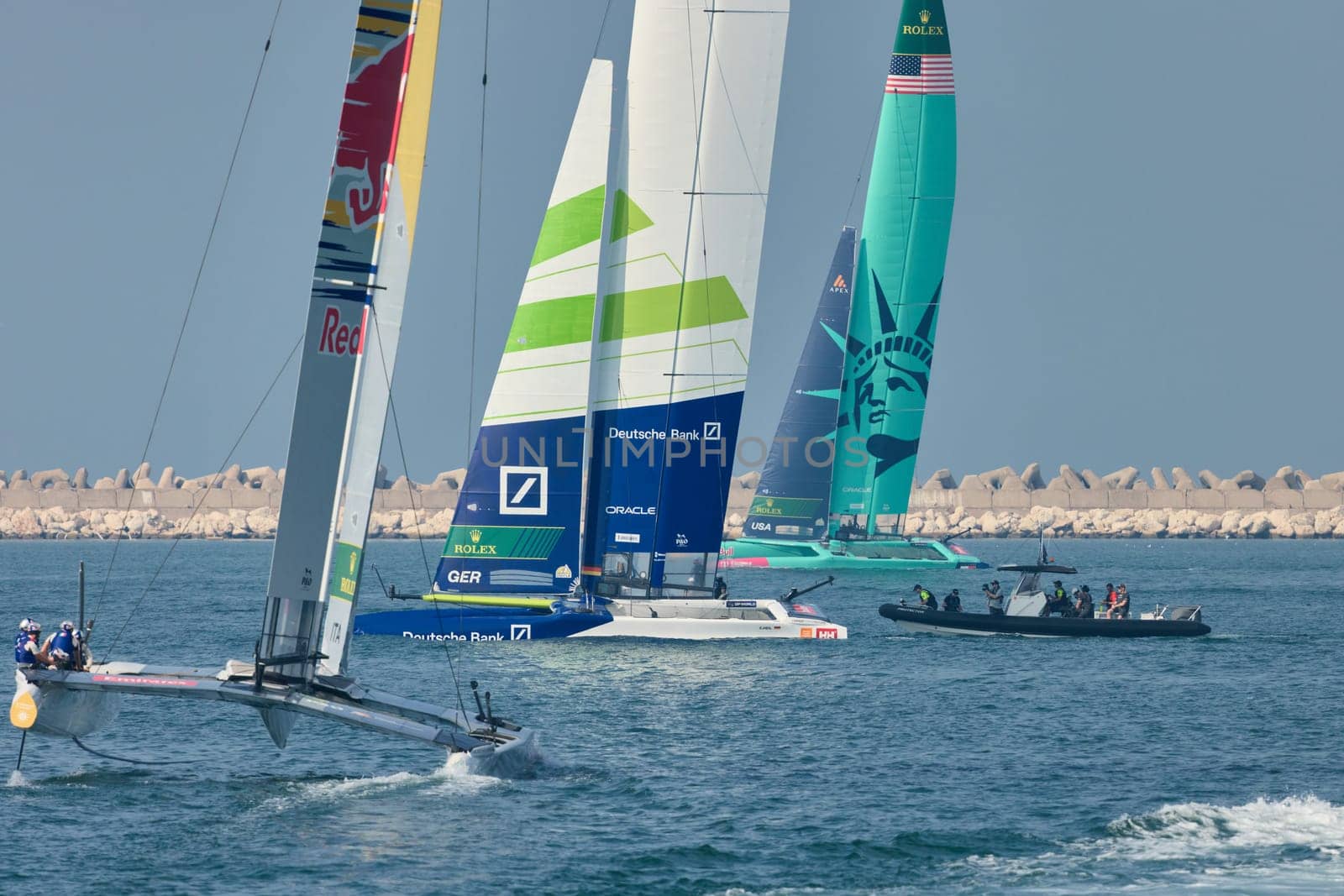 UAE, Dubai, 23 November 2024: Rolex Sail GP Grand Prix international sailing competition using high performance F50 foiling catamarans. High quality photo