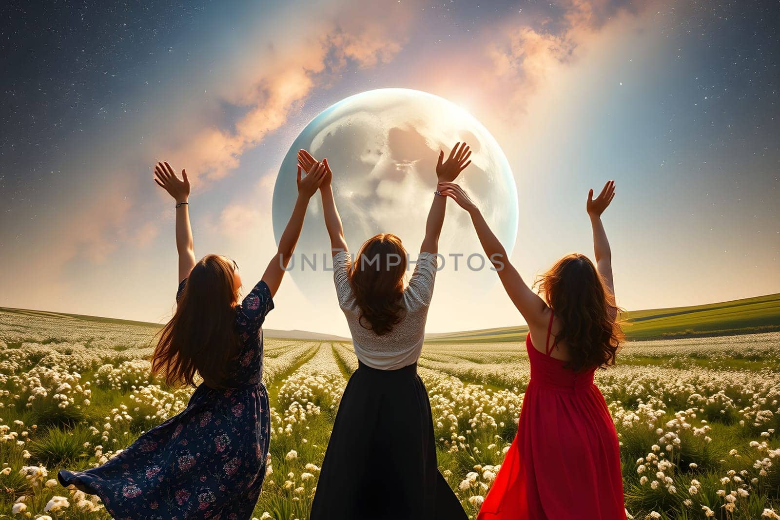 three women planet moon, standing with their backs up, hands raised. High quality 3d illustration