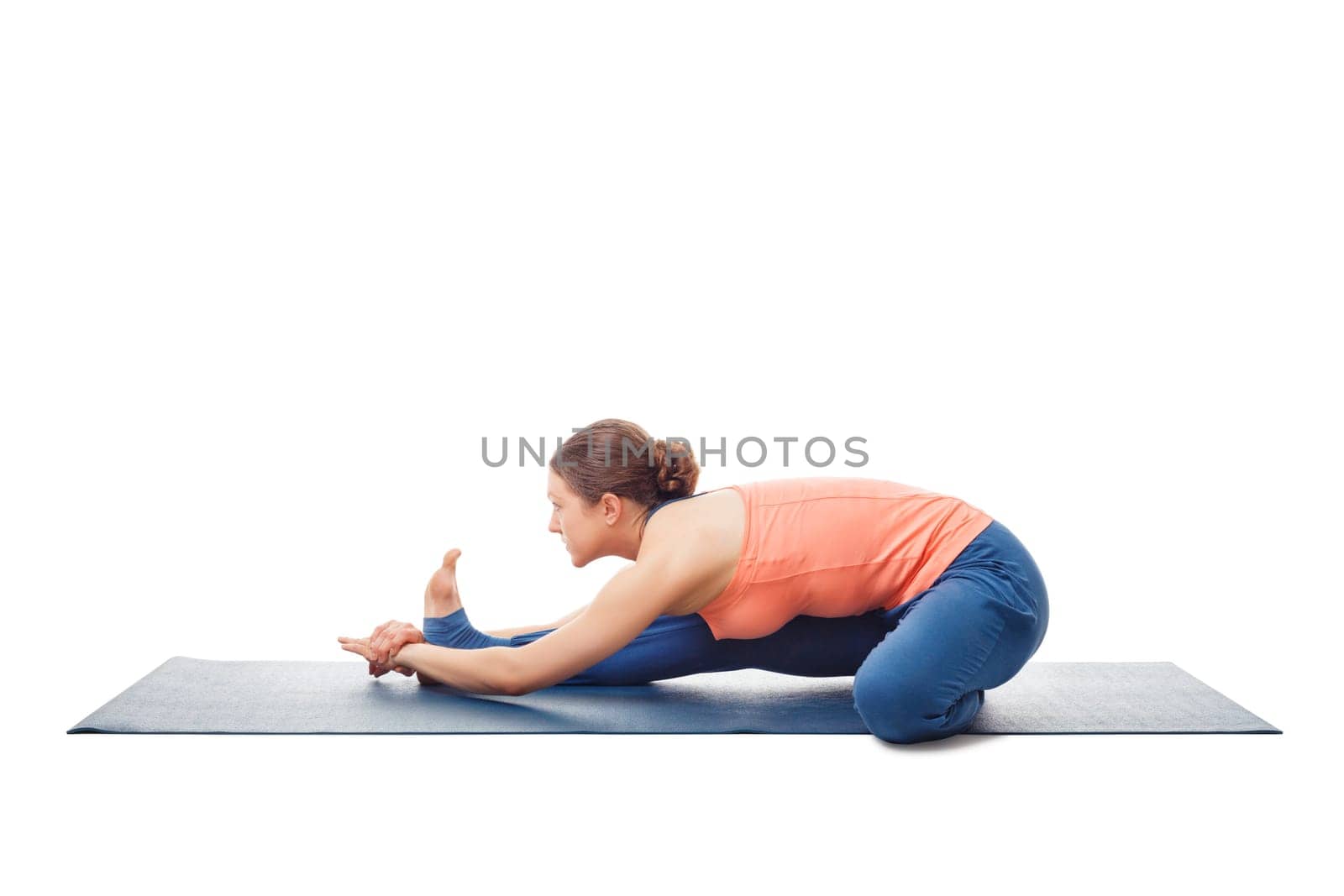 Woman doing Ashtanga Vinyasa Yoga asana Janu sirsasana by dimol