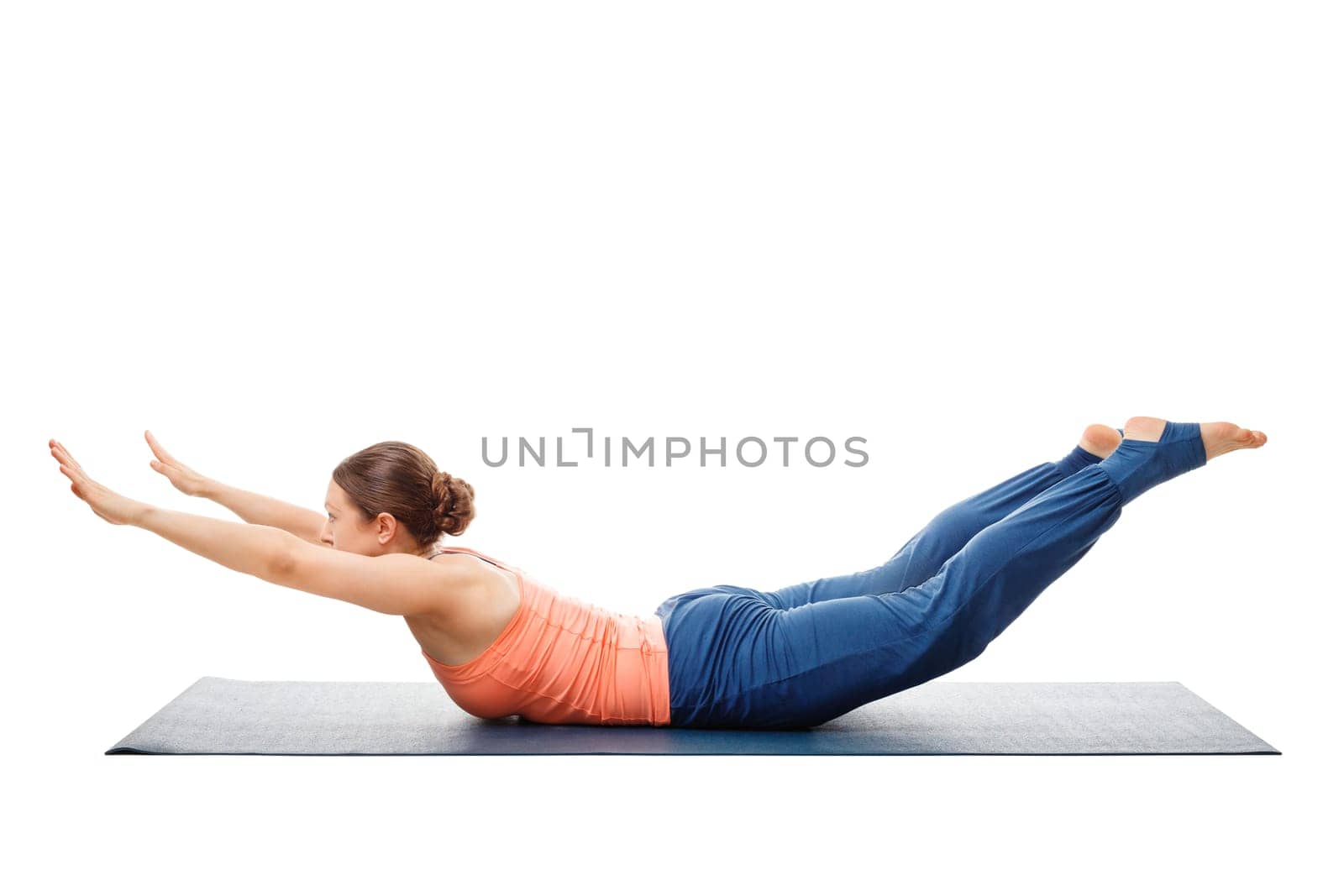 Woman doing Ashtanga Vinyasa Yoga asana Salabhasana A - locust pose A isolated on white background