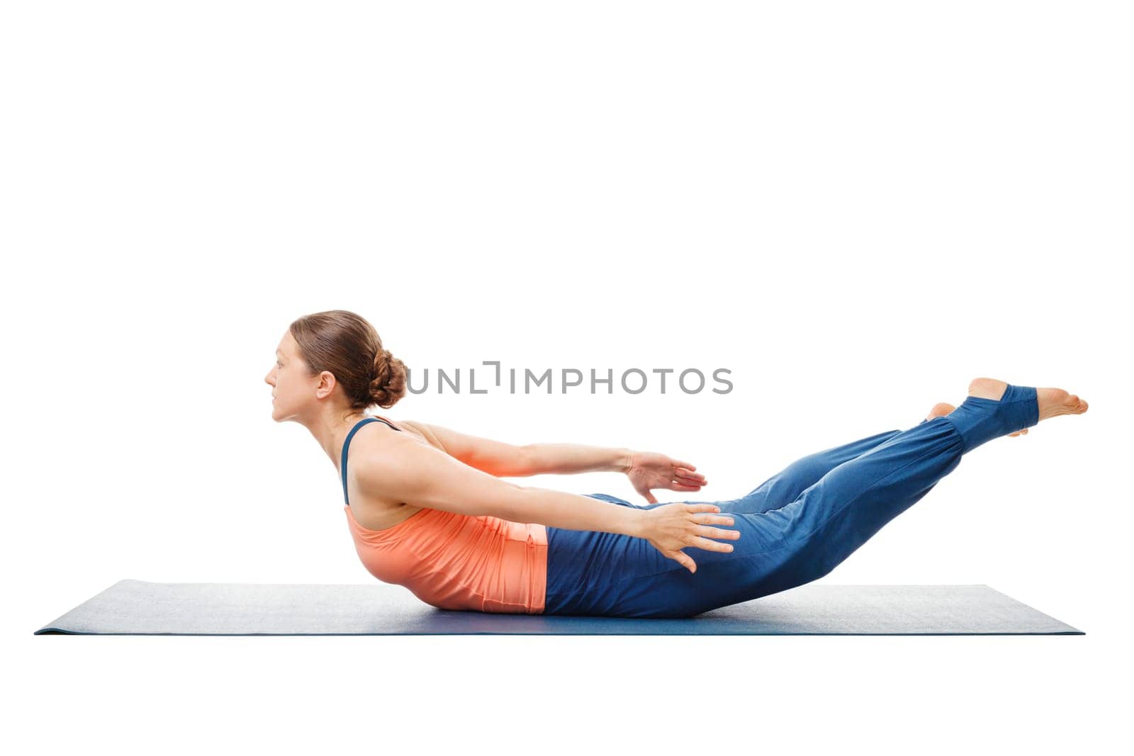 Woman doing Yoga asana Salabhasana B - locust pose B isolated on white background