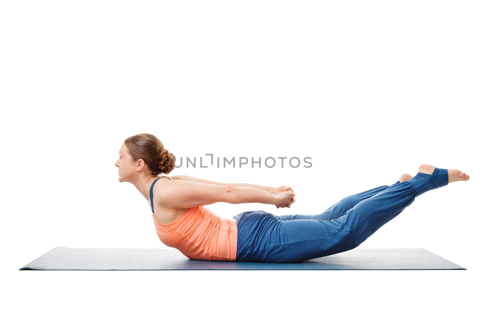 Woman doing Yoga asana Salabhasana C - locust pose C isolated on white background