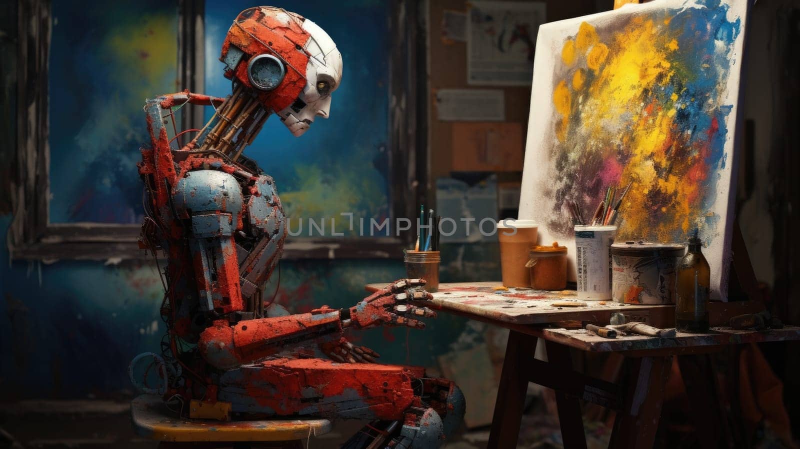 Generative AI art technology concept, robot painting picture in studio. Generative AI by biancoblue