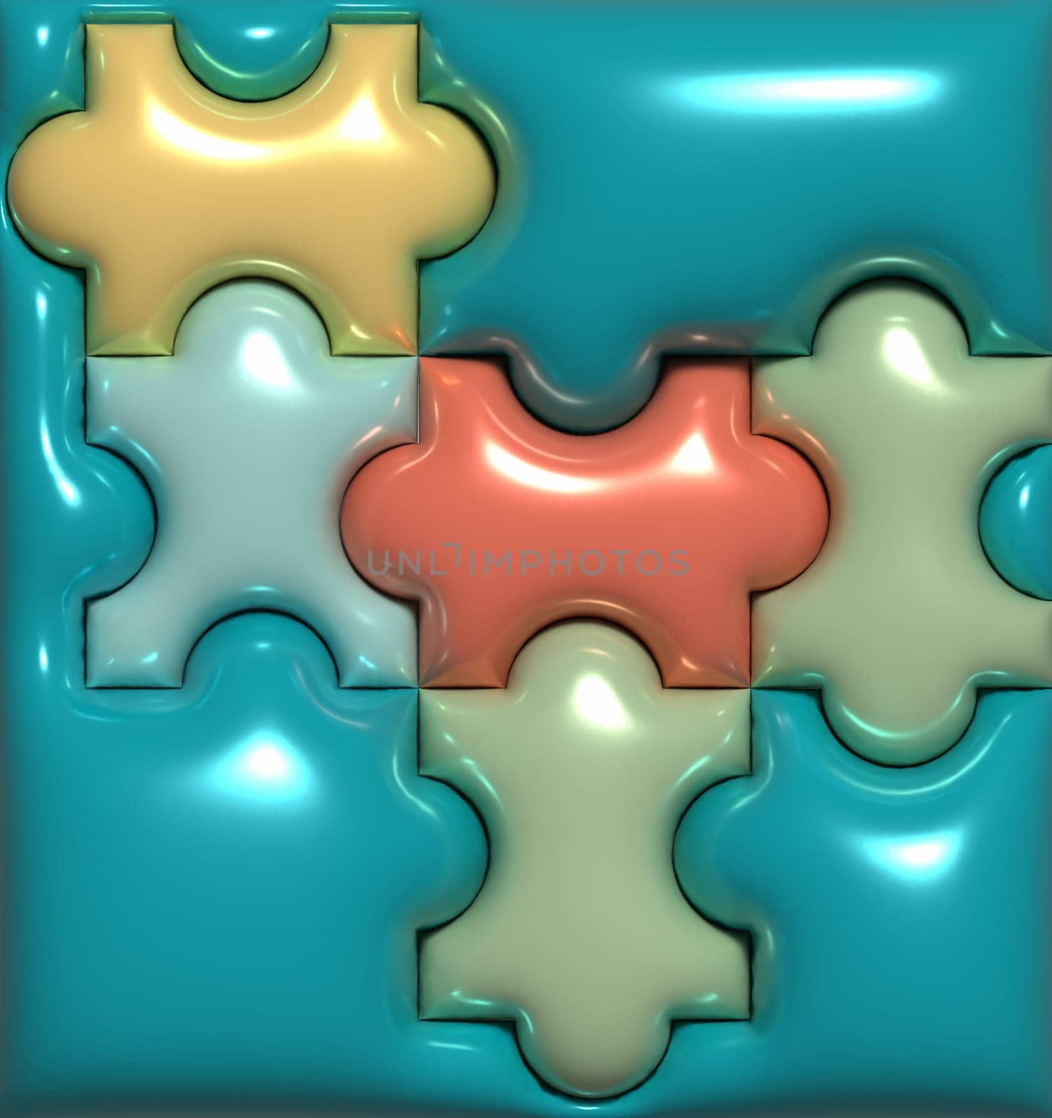 Puzzles on a turquoise background, 3D rendering illustration by ndanko