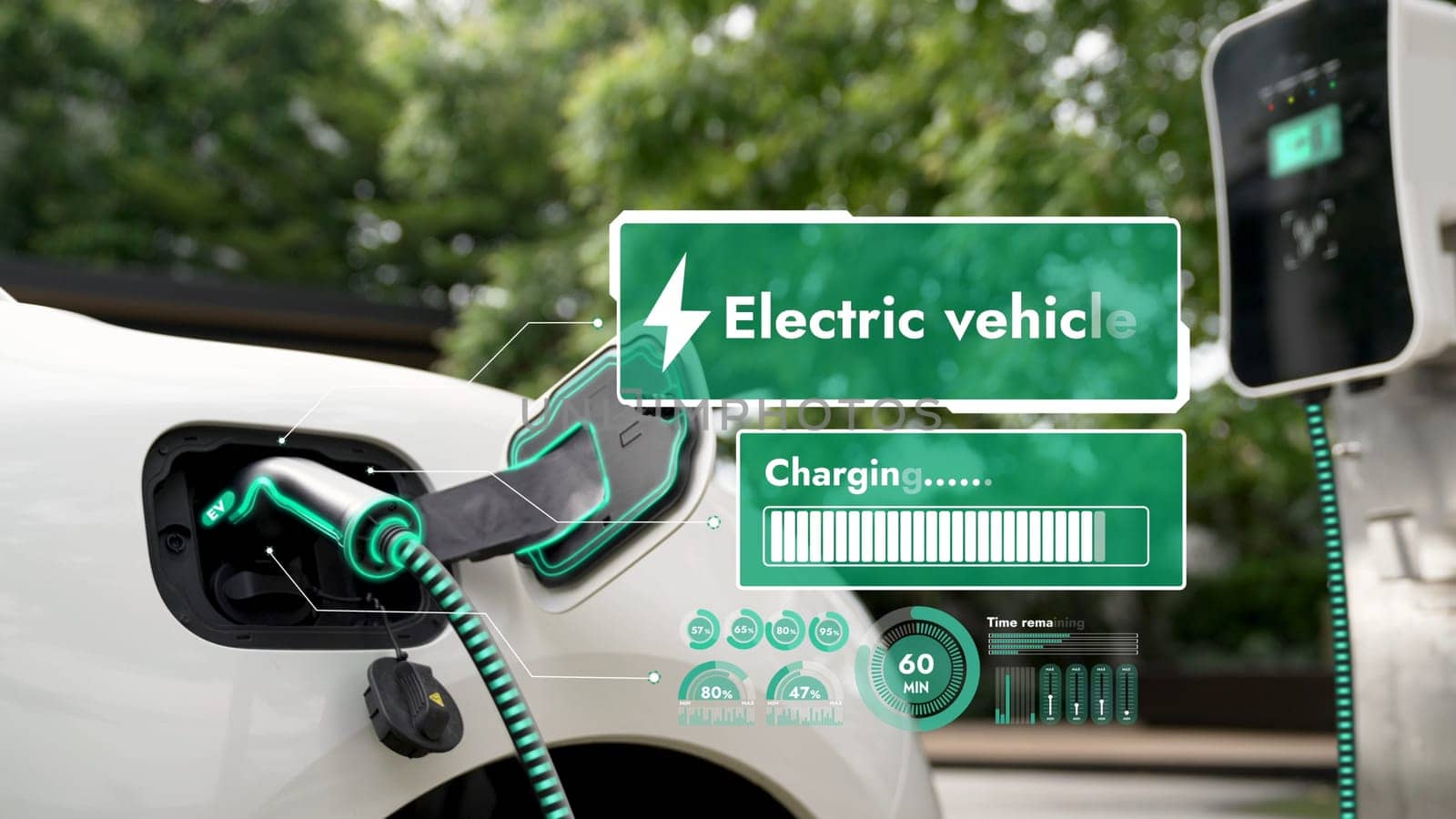 Electric car plug into EV charger cable from charging station display smart digital battery status hologram in eco green park and foliage background. Energy sustainability technological advance.Peruse