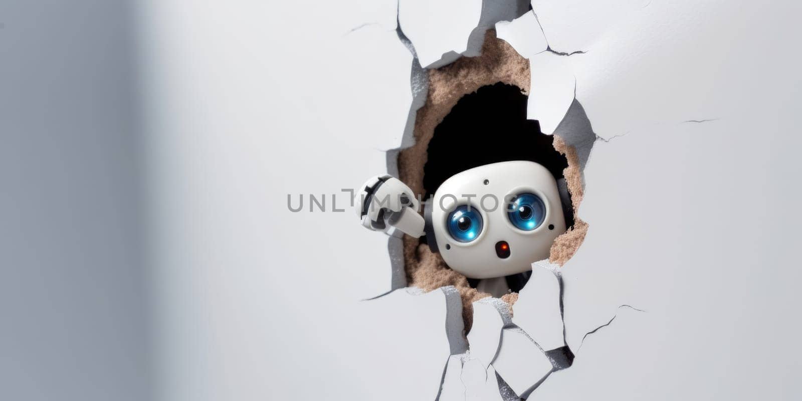 Cute robot toy peeking out of a hole in wall, torn hole, empty copy space frame, mockup. Generative AI image weber.