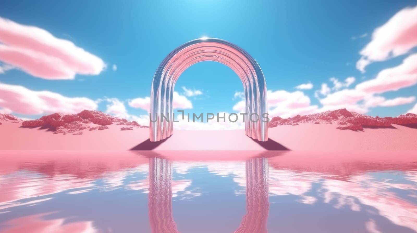 3d render Abstract aesthetic background. Surreal fantasy landscape. Water, pink desert, neon linear arch and chrome metallic gate under the blue sky with white clouds. Generative AI weber. by biancoblue